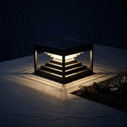 Square Geometric Modern Post Light - Black Stainless Steel Post Cap from 7.9 to 19.7 Inches, Solar or Hardwired, for Fences and Gardens