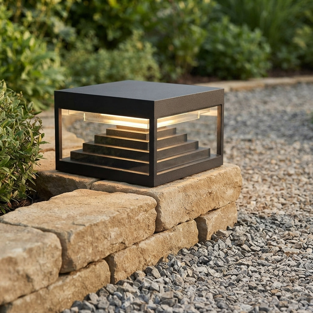 Square Geometric Modern Post Light - Black Stainless Steel Post Cap from 7.9 to 19.7 Inches, Solar or Hardwired, for Fences and Gardens