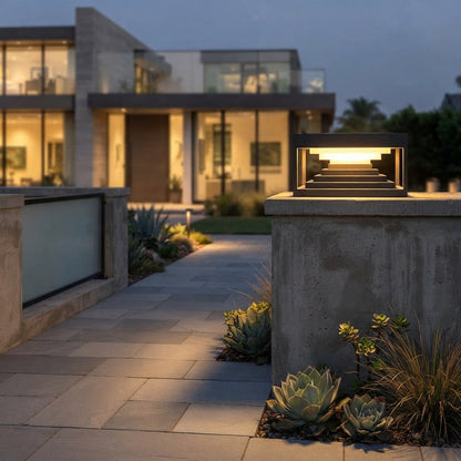 Square Geometric Modern Post Light - Black Stainless Steel Post Cap from 7.9 to 19.7 Inches, Solar or Hardwired, for Fences and Gardens