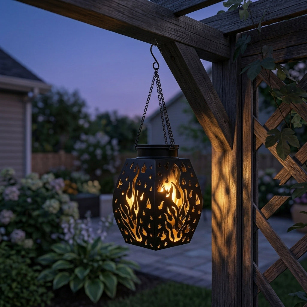 Bronze Solar Hanging Lanterns - Matched Pair of 16 Inch Metal Flame Effect Lanterns for Shepherd's Hooks, Porch Brackets and Pergola Beams