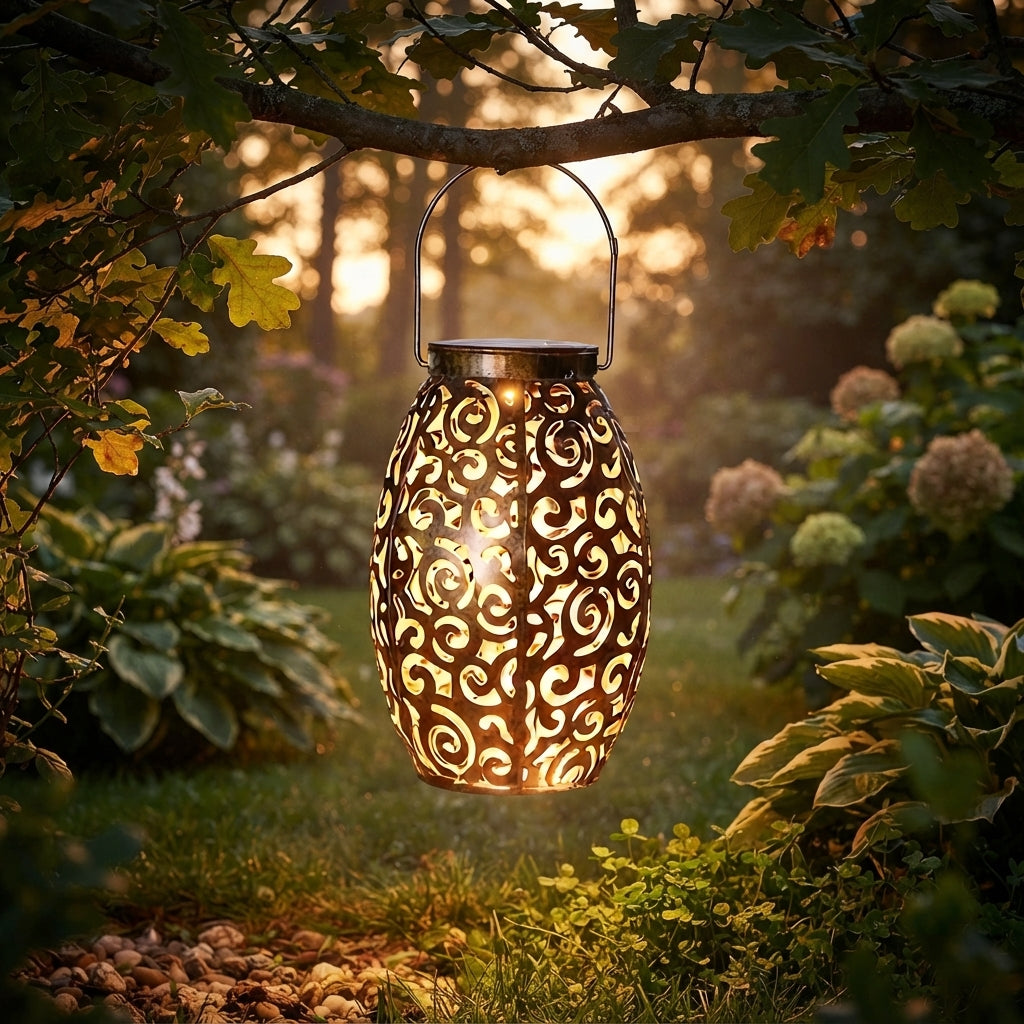 Hollow Outdoor Solar Light - Retro Red Copper Finish Iron Lantern with Dusk to Dawn Sensing and Carry Handle for Garden Paths and Camping