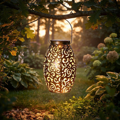 Hollow Outdoor Solar Light - Retro Red Copper Finish Iron Lantern with Dusk to Dawn Sensing and Carry Handle for Garden Paths and Camping