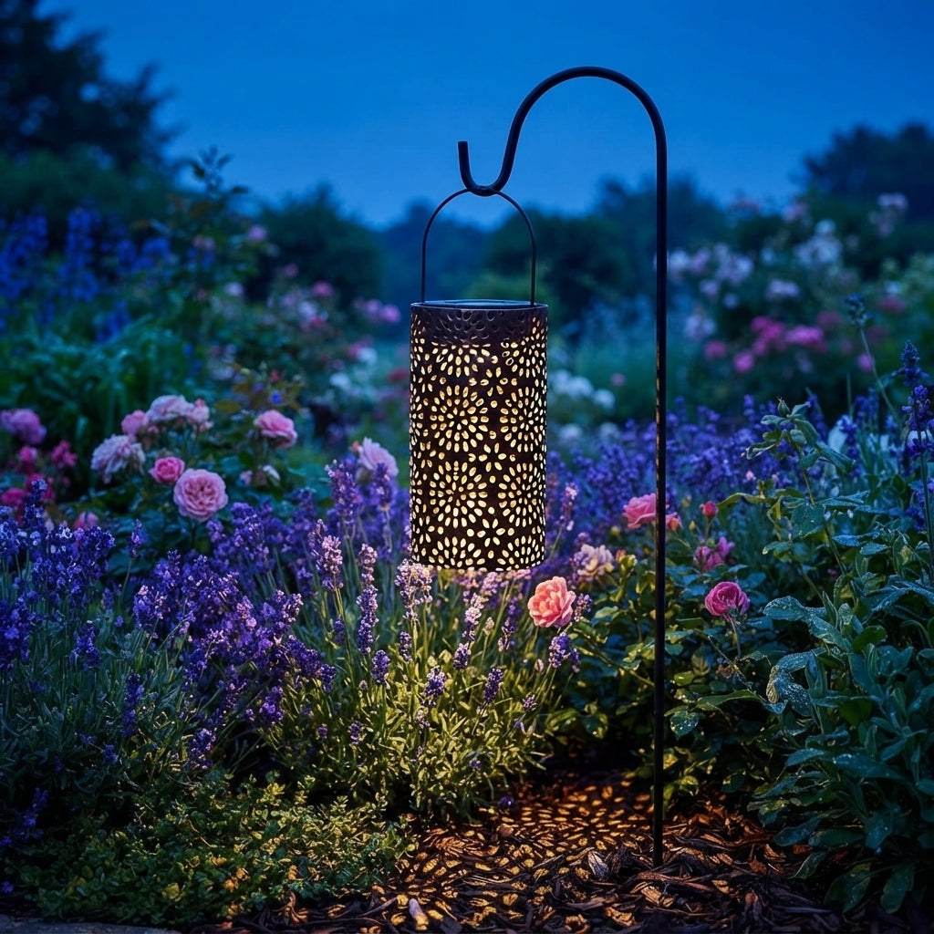Metal Cut-Out Solar Lantern - 7.3 Inch Bronze Iron Cylinder with 122 Lumen Warm White LED and IP65 Rating for Courtyard, Garden and Patio