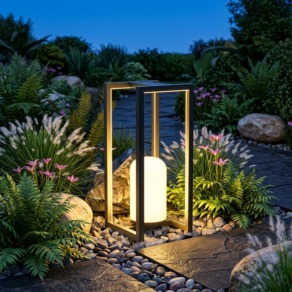 Black Outdoor Camping Lantern - Matte Stainless Steel and Acrylic 5W Warm LED with Hardwired, USB or Solar Power in Two Designs