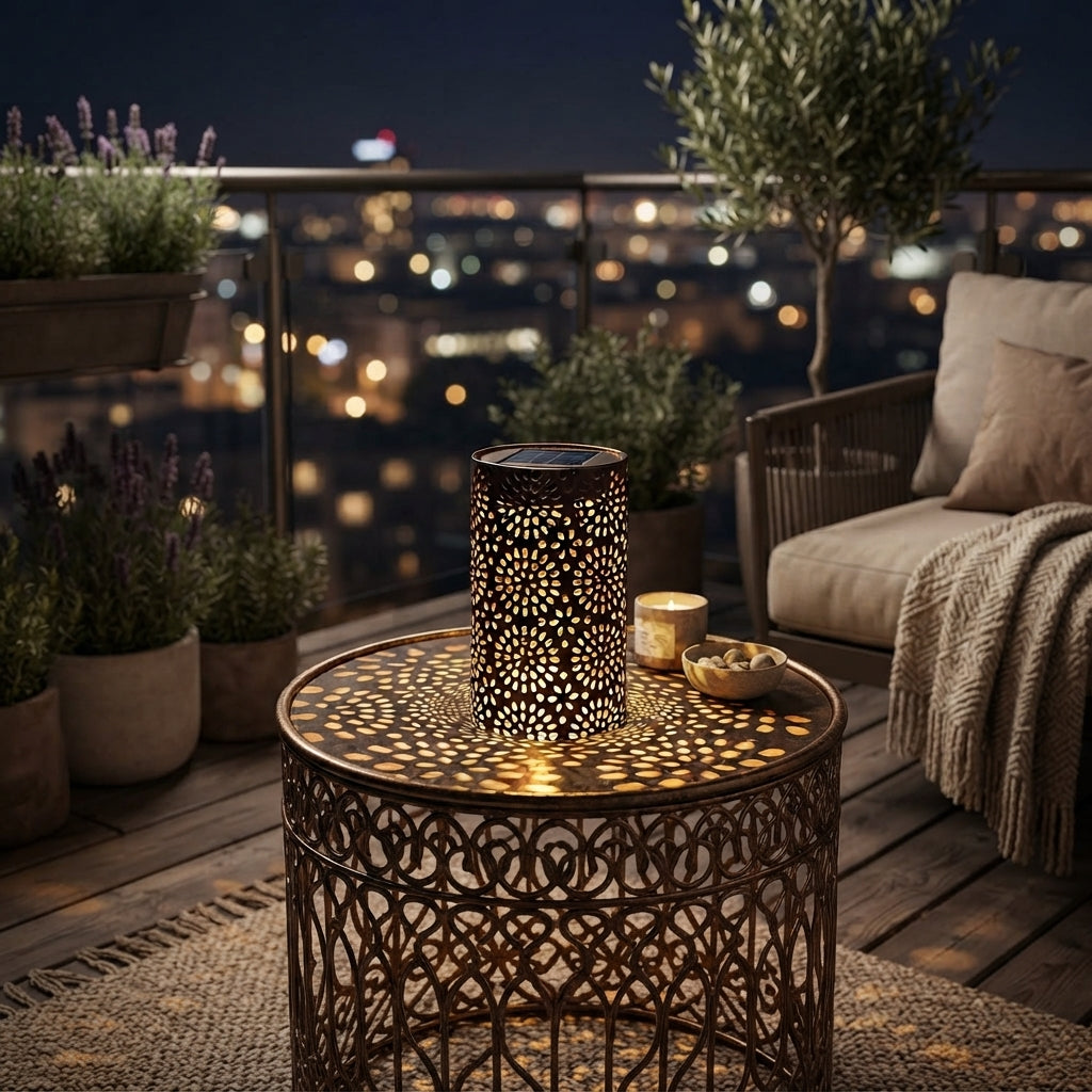 Metal Cut-Out Solar Lantern - 7.3 Inch Bronze Iron Cylinder with 122 Lumen Warm White LED and IP65 Rating for Courtyard, Garden and Patio