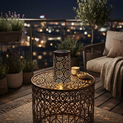 Metal Cut-Out Solar Lantern - 7.3 Inch Bronze Iron Cylinder with 122 Lumen Warm White LED and IP65 Rating for Courtyard, Garden and Patio
