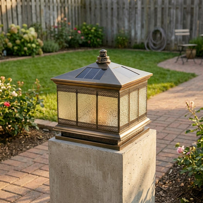 Fence Vintage Post Light - Bronze Copper and Glass Lantern in 10, 12 and 16 Inch Widths with Solar or Hardwired Power for Courtyards