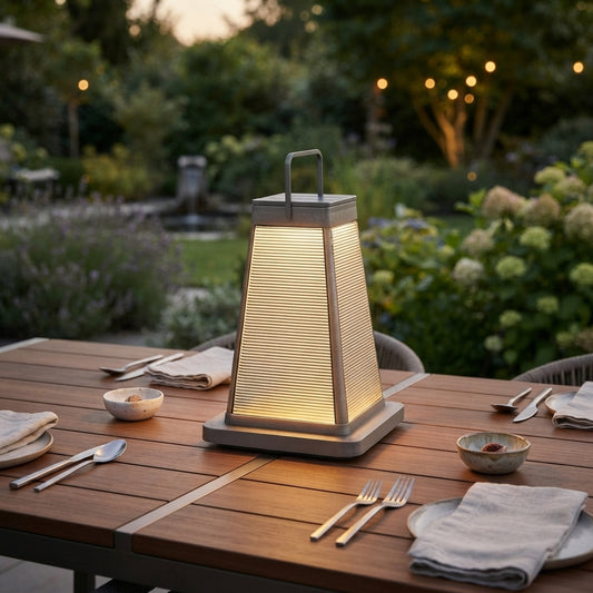 Square Solar Lantern - Black Die-Cast Aluminum Light with Milky White or Striped PC Shade in 15 and 19 Inch Heights for Balcony and Yard