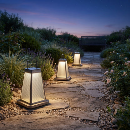 Square Solar Lantern - Black Die-Cast Aluminum Light with Milky White or Striped PC Shade in 15 and 19 Inch Heights for Balcony and Yard
