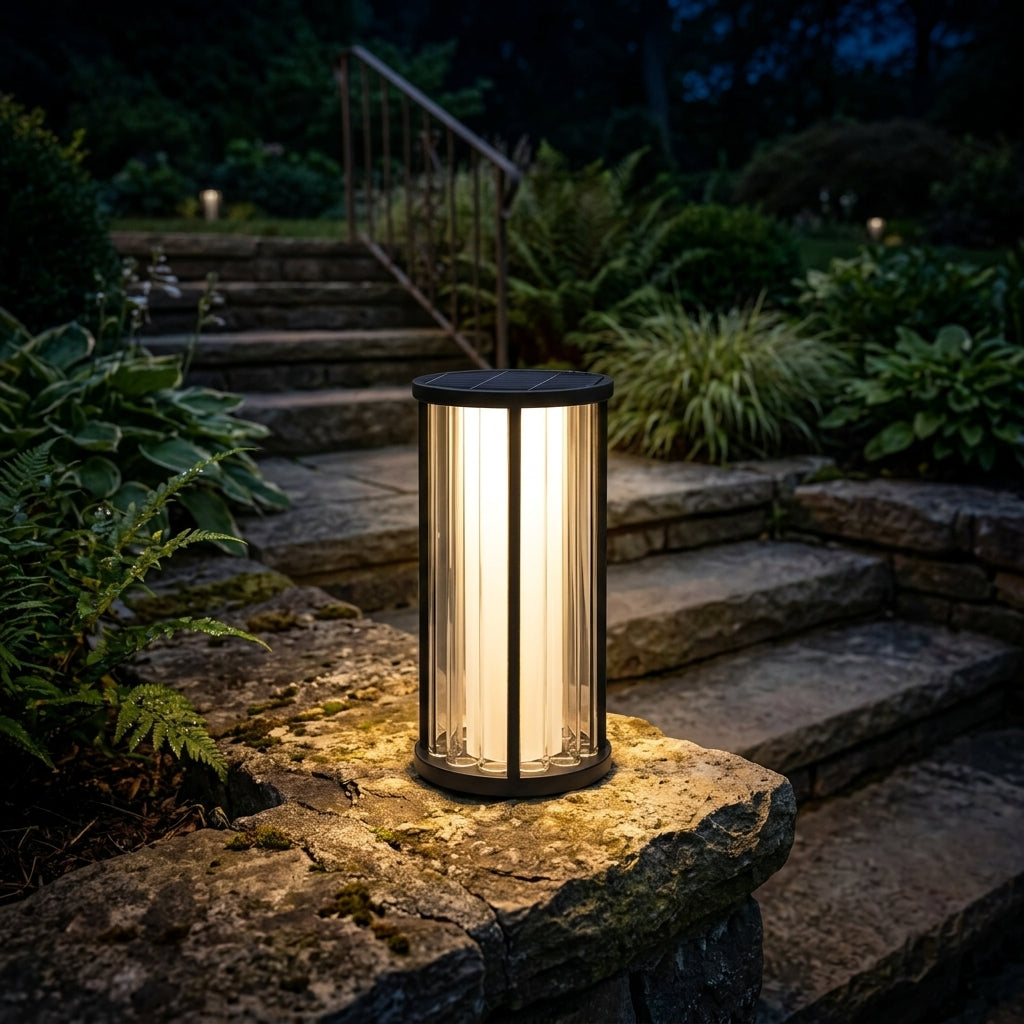 Cylinder Outdoor Lantern - American Retro Stainless Steel Lawn Light with Crystal Cut Acrylic Shade in 11.8 or 23.6 Inch, Solar or Hardwired