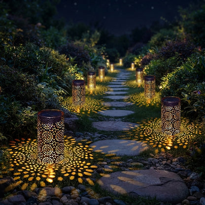 Metal Cut-Out Solar Lantern - 7.3 Inch Bronze Iron Cylinder with 122 Lumen Warm White LED and IP65 Rating for Courtyard, Garden and Patio