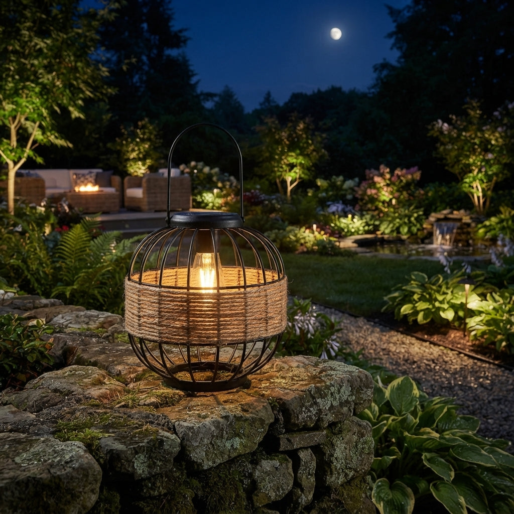 Hanging Solar Lantern - Wicker and Metal Decorative Light with E27 LED Warm White 3000K Glow and IP55 Rating for Porch, Patio and Tabletop