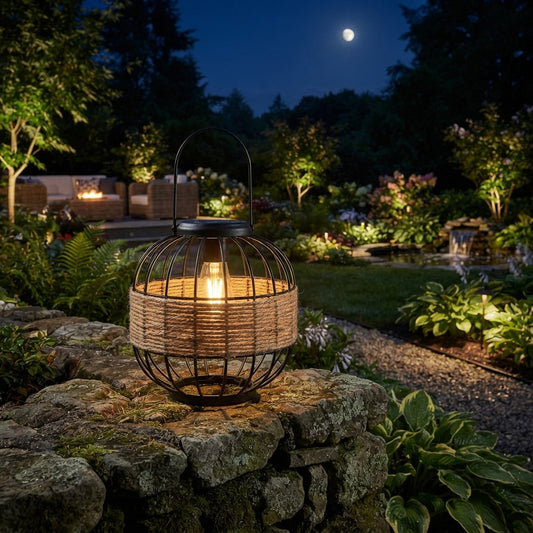 Hanging Solar Lantern - Wicker and Metal Decorative Light with E27 LED Warm White 3000K Glow and IP55 Rating for Porch, Patio and Tabletop