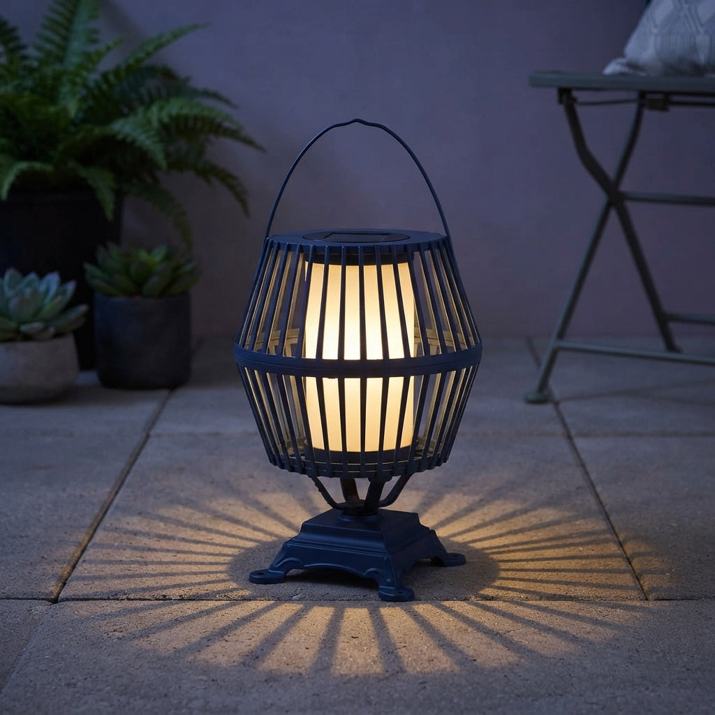 Solar Lantern - Black Aluminum Hanging Patio Light with Solar or USB Recharging and Cool, Warm White or Colorful LED Modes for Courtyards