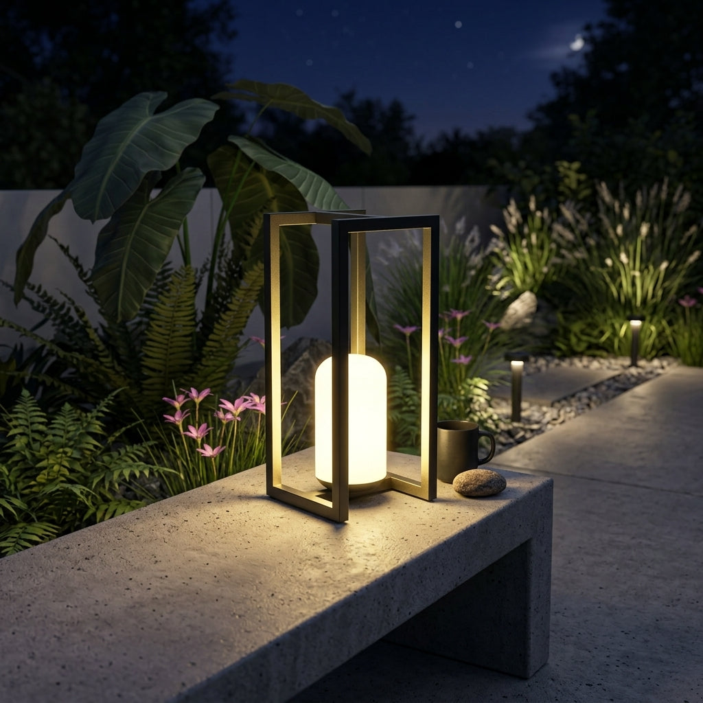 Black Outdoor Camping Lantern - Matte Stainless Steel and Acrylic 5W Warm LED with Hardwired, USB or Solar Power in Two Designs