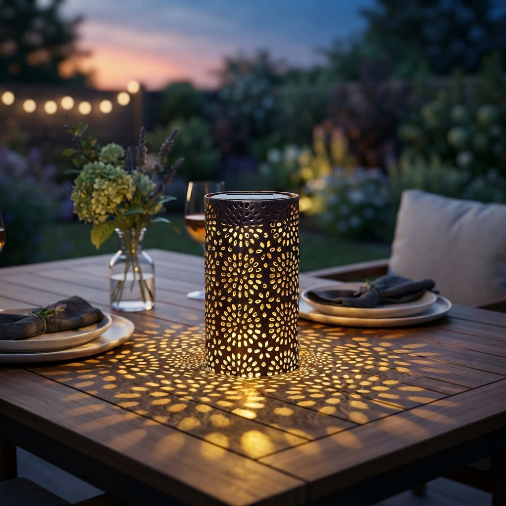 Metal Cut-Out Solar Lantern - 7.3 Inch Bronze Iron Cylinder with 122 Lumen Warm White LED and IP65 Rating for Courtyard, Garden and Patio