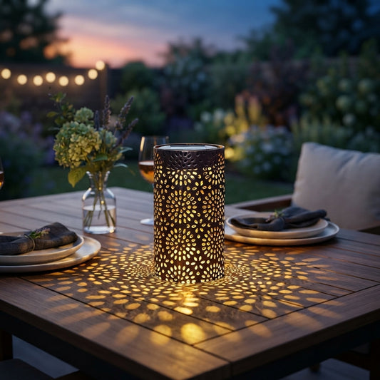 Metal Cut-Out Solar Lantern - 7.3 Inch Bronze Iron Cylinder with 122 Lumen Warm White LED and IP65 Rating for Courtyard, Garden and Patio