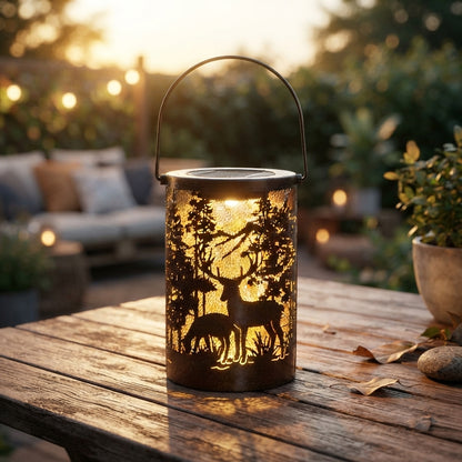 Solar Hollow Lantern - Etched Iron Deer Silhouette Hanging Light with 3000K Warm White Glow and IP65 Rating for Gardens and Balconies