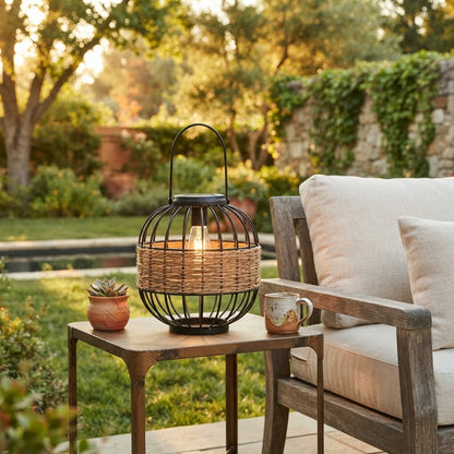 Hanging Solar Lantern - Wicker and Metal Decorative Light with E27 LED Warm White 3000K Glow and IP55 Rating for Porch, Patio and Tabletop