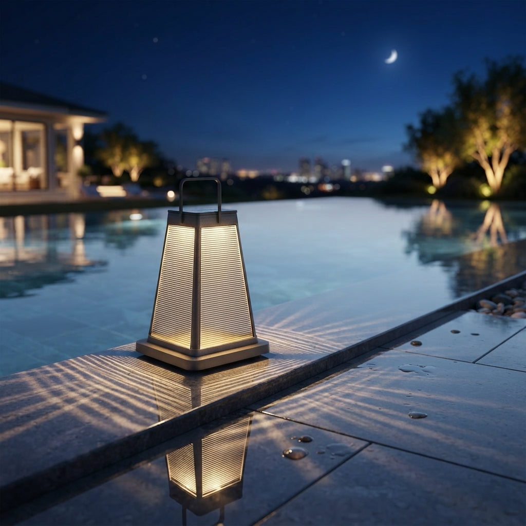 Square Solar Lantern - Black Die-Cast Aluminum Light with Milky White or Striped PC Shade in 15 and 19 Inch Heights for Balcony and Yard