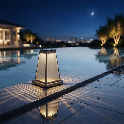 Square Solar Lantern - Black Die-Cast Aluminum Light with Milky White or Striped PC Shade in 15 and 19 Inch Heights for Balcony and Yard