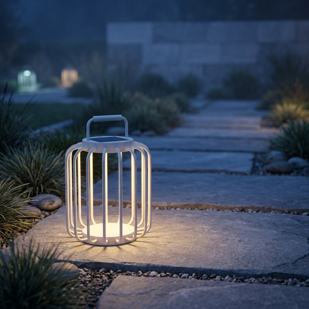 Outdoor Solar Lantern - Iron and Acrylic 6W Warm LED Light in Brushed Gray or White, 11.8 and 19.7 Inch Heights, 10 to 12 Hour Runtime