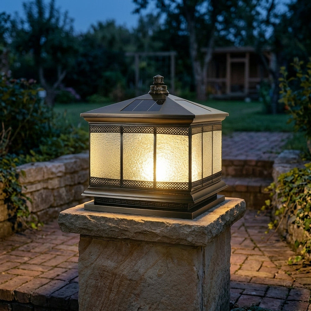 Fence Vintage Post Light - Bronze Copper and Glass Lantern in 10, 12 and 16 Inch Widths with Solar or Hardwired Power for Courtyards