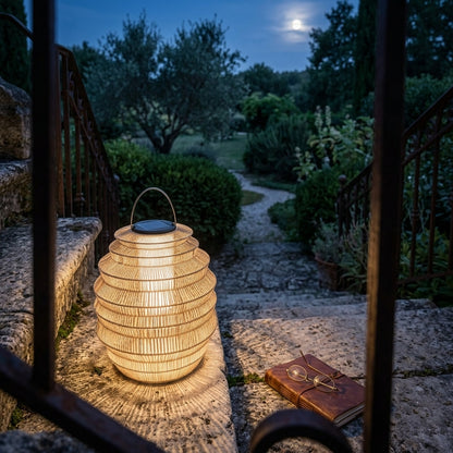 Rattan Outdoor Lantern - Stainless Steel and Handwoven Wicker Solar Light in Three Sizes for Gardens, Patios, Porches and Pathways
