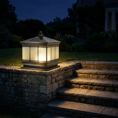 Fence Vintage Post Light - Bronze Copper and Glass Lantern in 10, 12 and 16 Inch Widths with Solar or Hardwired Power for Courtyards