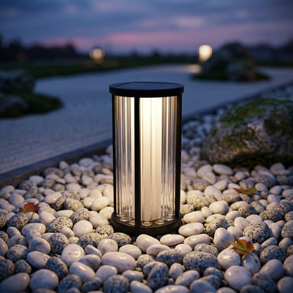 Cylinder Outdoor Lantern - American Retro Stainless Steel Lawn Light with Crystal Cut Acrylic Shade in 11.8 or 23.6 Inch, Solar or Hardwired