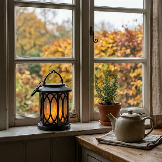 Solar Flickering Candle Lantern - Glass Panelled Storm Lantern in Black or Bronze with Automatic Dusk Lighting for Patio, Doorstep and Walls