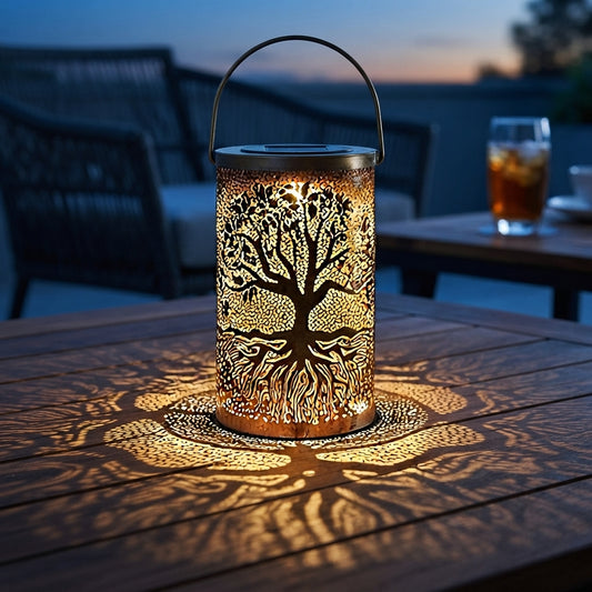 Tree of Life Lantern - Copper Finish Iron Solar Lantern with Tree Projection, 3000K Warm White and IP55 Rating in Two Portable Sizes