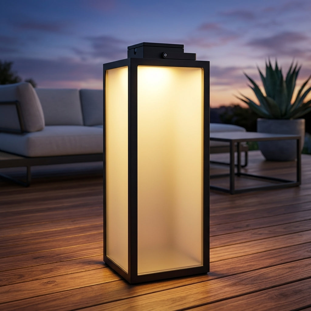 Square Solar Lantern - Black Stainless Steel and PC Portable Light with Warm White 3000K LED, IP65 Rating and 15.7 Inch Height, Open-Box