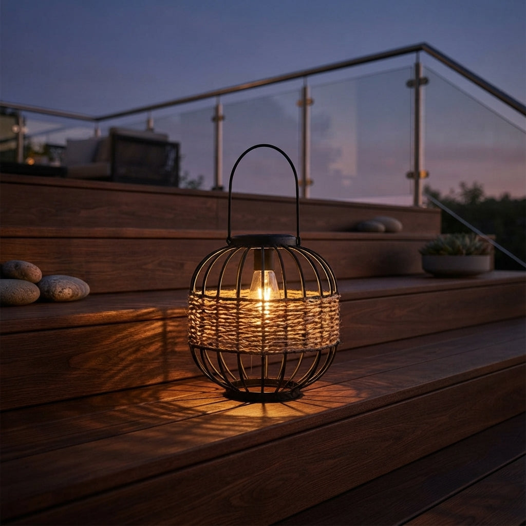 Hanging Solar Lantern - Wicker and Metal Decorative Light with E27 LED Warm White 3000K Glow and IP55 Rating for Porch, Patio and Tabletop