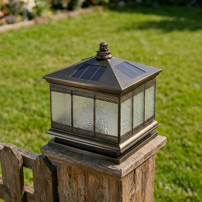 Fence Vintage Post Light - Bronze Copper and Glass Lantern in 10, 12 and 16 Inch Widths with Solar or Hardwired Power for Courtyards