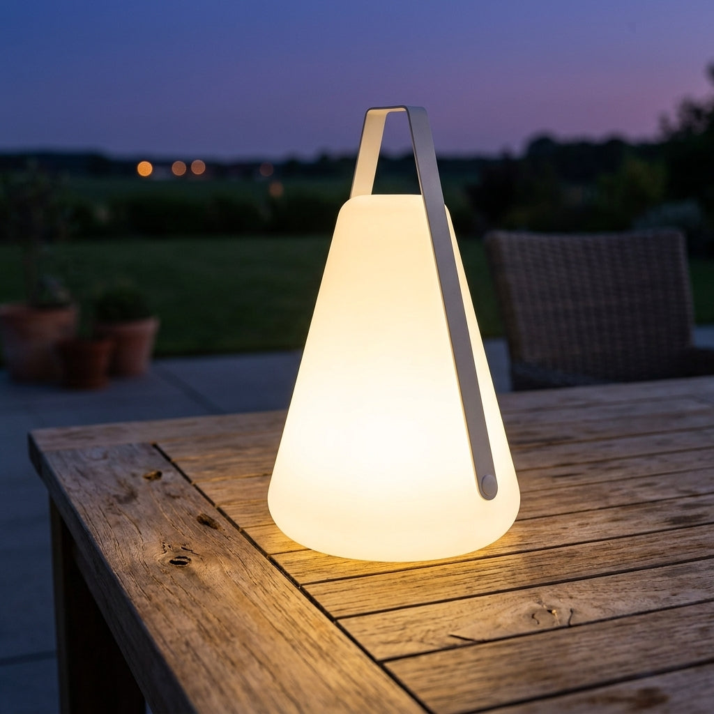 Portable LED Lantern - Aluminum and Acrylic 5W Warm Light with USB or Solar Charging in 13 and 21.7 Inch Heights for Lawns and Garden Paths