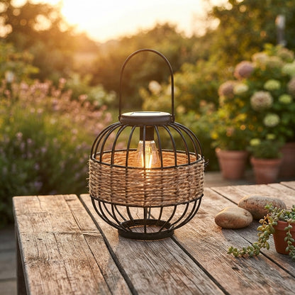 Hanging Solar Lantern - Wicker and Metal Decorative Light with E27 LED Warm White 3000K Glow and IP55 Rating for Porch, Patio and Tabletop