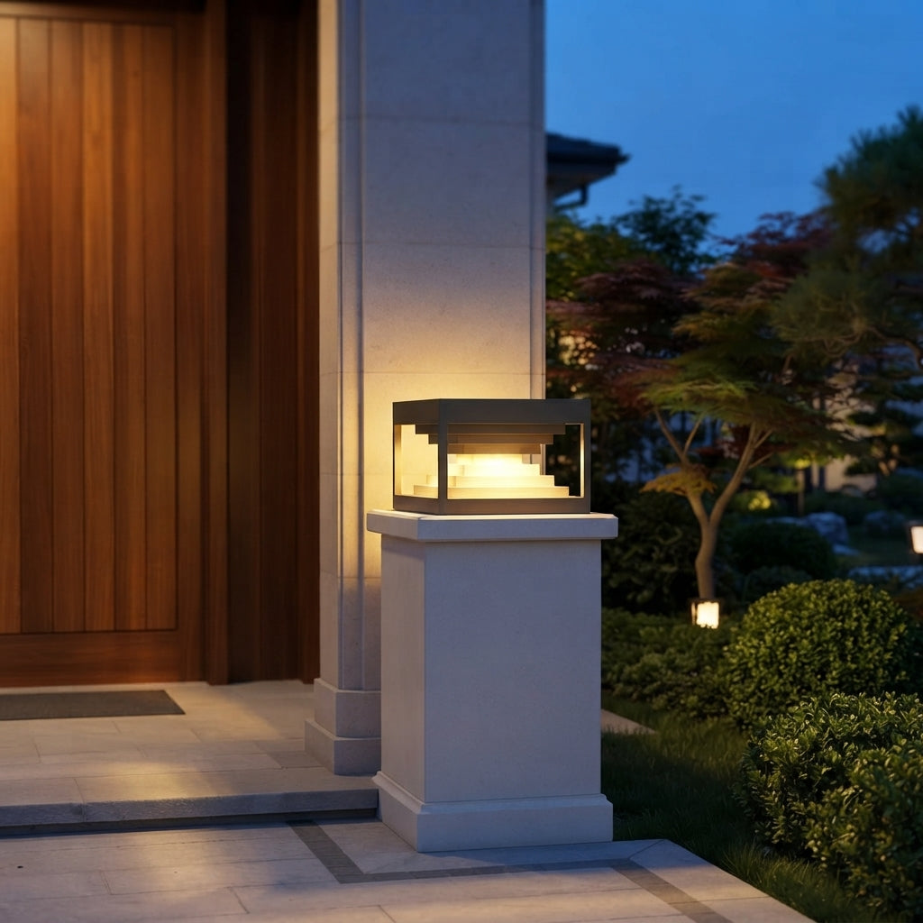 Square Modern Stepped Post Light - Stepped Black Stainless Steel Post Cap in 7.8 to 19.6 Inch Sizes, Solar or Hardwired, Single to 8-Pack