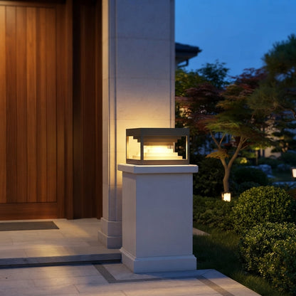 Square Modern Stepped Post Light - Stepped Black Stainless Steel Post Cap in 7.8 to 19.6 Inch Sizes, Solar or Hardwired, Single to 8-Pack