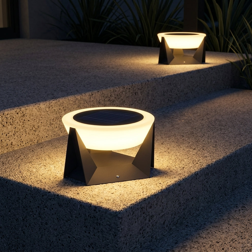 Modern Round Post Light - Black or White Metal and PC Lantern from 7 to 13 Inch Diameter, Solar or Hardwired, for Courtyard and Patio Posts