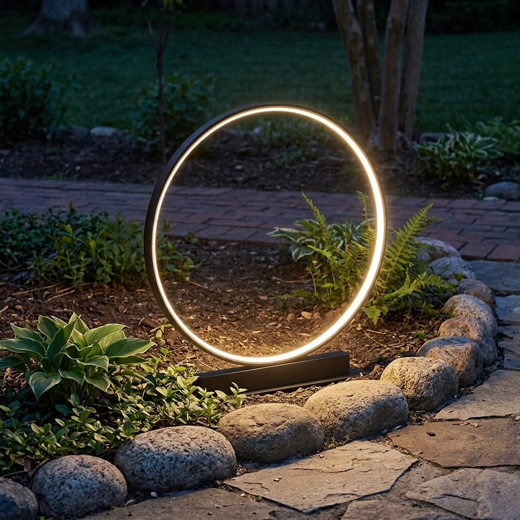 Ring Landscape Light - Black Aluminum and Acrylic Circular Fixture in 15.75, 23.62 or 31.5 Inch Diameters, Solar or Hardwired, for Patios