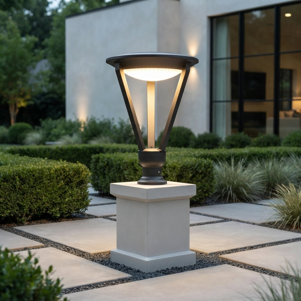 Modern Conical Post Light - Die-Cast Aluminum Tapered Cap in Hollow Round, Square or Striped Shapes, Cool or Warm White, Solar or Wired