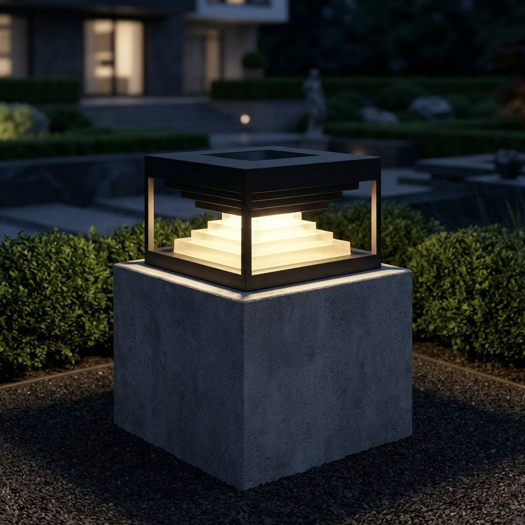 Square Modern Stepped Post Light - Stepped Black Stainless Steel Post Cap in 7.8 to 19.6 Inch Sizes, Solar or Hardwired, Single to 8-Pack