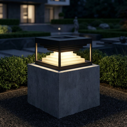 Square Modern Stepped Post Light - Stepped Black Stainless Steel Post Cap in 7.8 to 19.6 Inch Sizes, Solar or Hardwired, Single to 8-Pack