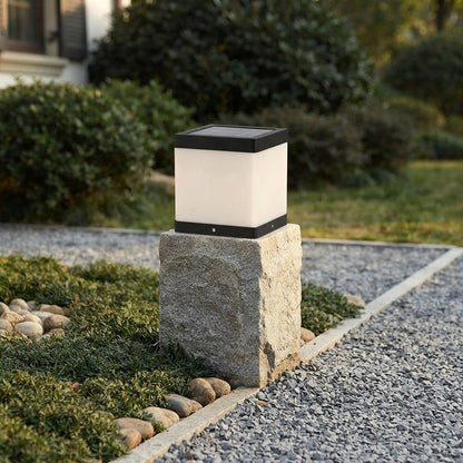 Modern Square Post Light - White Acrylic and Stainless Steel Cube Lamp, Solar or Hardwired, in 7.87 to 15.75 Inch Sizes for Courtyards