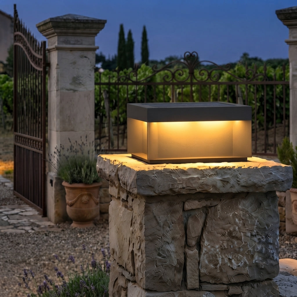 Fence Square Post Light - Flash Gray Stainless Steel and PC Fixture from 6 to 24 Inches Wide, Solar or Hardwired, for Courtyard Fencing
