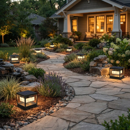 Deck Square Modern Post Light - Black PC and Stainless Steel Cap Lamp in 1 or 2 Layer Styles, 11 and 15.7 Inch Widths, Solar or Hardwired