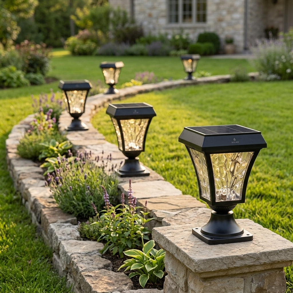 Solar Wave Post Light - Black Die-cast Aluminum and PC Vintage Lantern in Cool or Warm White LED for Courtyard and Patio Fence Posts