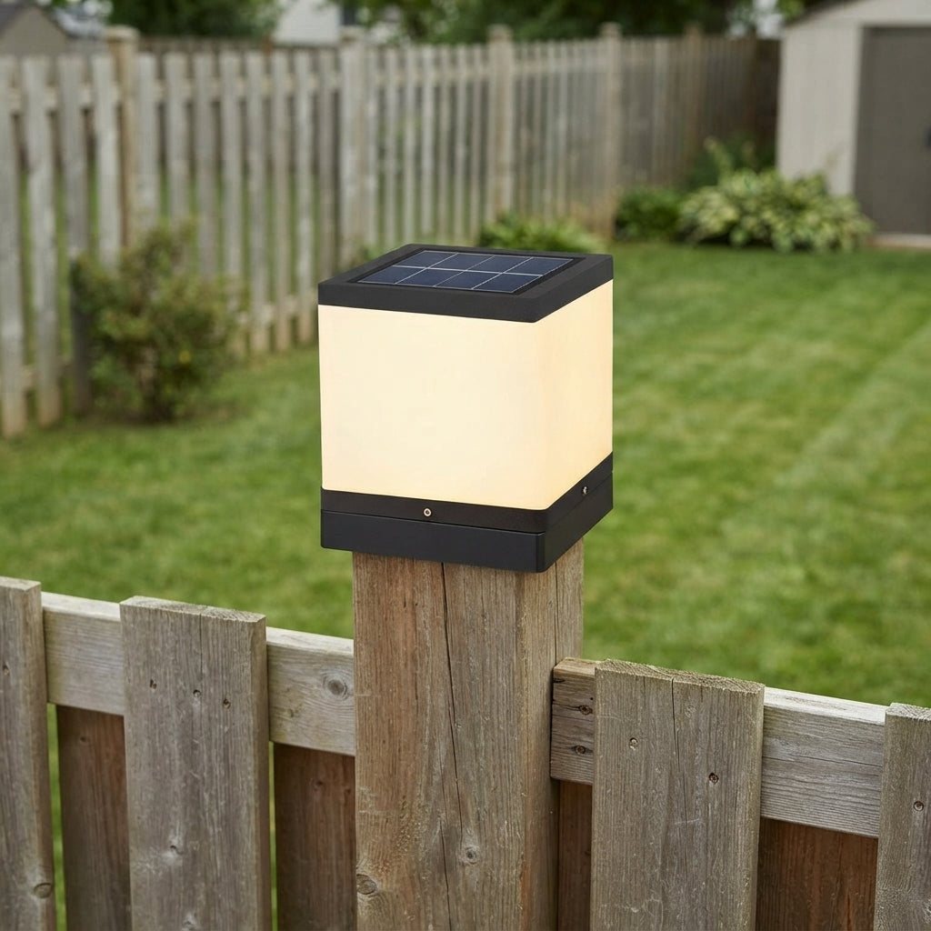 Modern Square Post Light - White Acrylic and Stainless Steel Cube Lamp, Solar or Hardwired, in 7.87 to 15.75 Inch Sizes for Courtyards