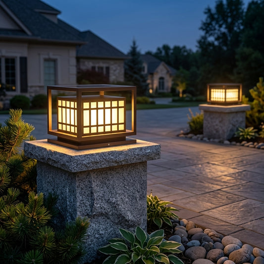 Deck Square Modern Post Light - Brown Stainless Steel and PC Lantern in 9 x 9 x 7 or 24 x 24 x 19 Inch Sizes, Solar or Hardwired Power